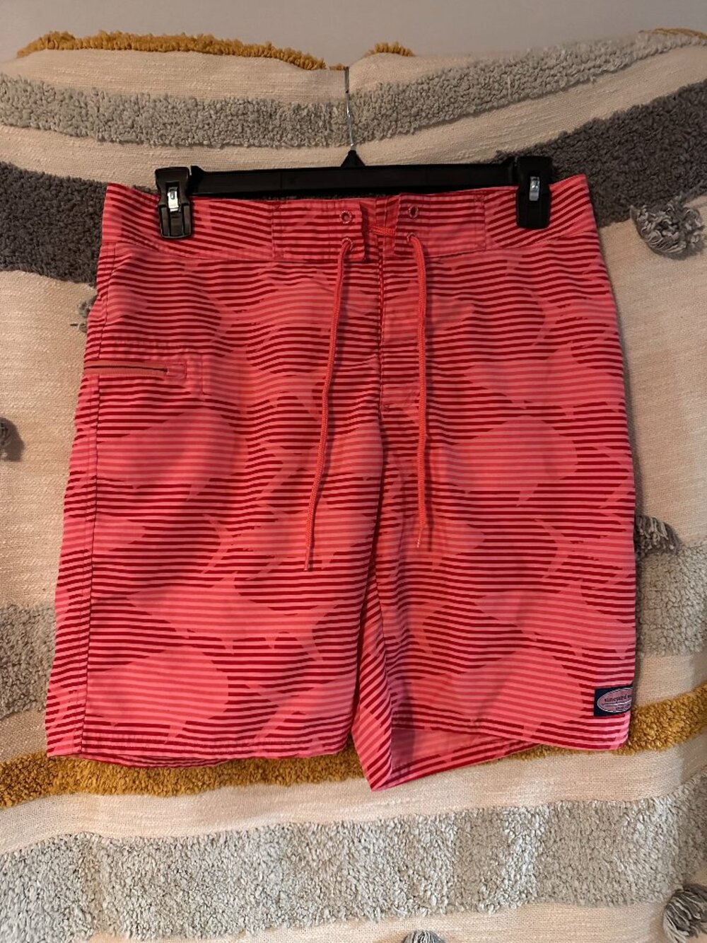 Vineyard Vines Chappy Shark Stripe Board Shorts - Coral Pink & Red 32
